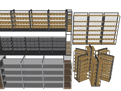 Various Types of Display Shelves With Multiple Tiers Metal Frames And Wooden Layers 3d model