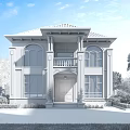 Classic Two Story Detached Villa With Red Tile Roof Arched Windows And Landscaped Garden