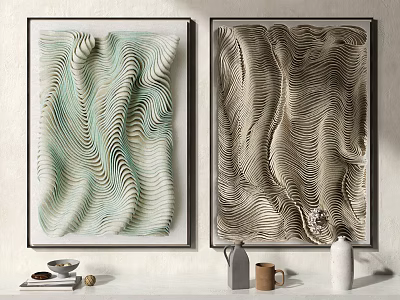 Decorative Wall Art Paintings With Wavy Patterns Light Green Beige And Small Decor Items 3d model