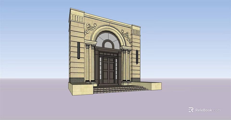 Classical Ornate Arched Main Entrance Gate With Stone Columns And Steps 3d model 