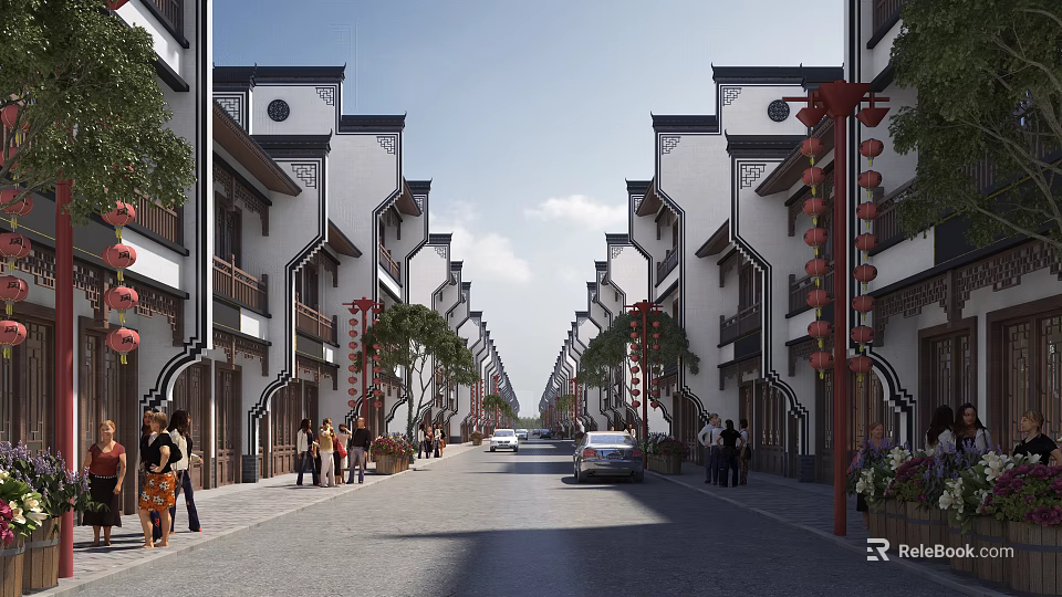 Chinese Style Commercial Street With White Walls Black Tiles Red Lanterns Pedestrians And Cars 3d model 