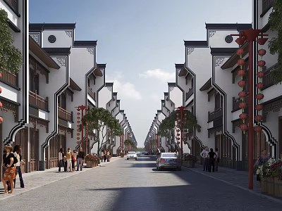 Chinese Style Commercial Street With White Walls Black Tiles Red Lanterns Pedestrians And Cars 3d model
