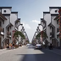 Chinese Style Commercial Street With White Walls Black Tiles Red Lanterns Pedestrians And Cars