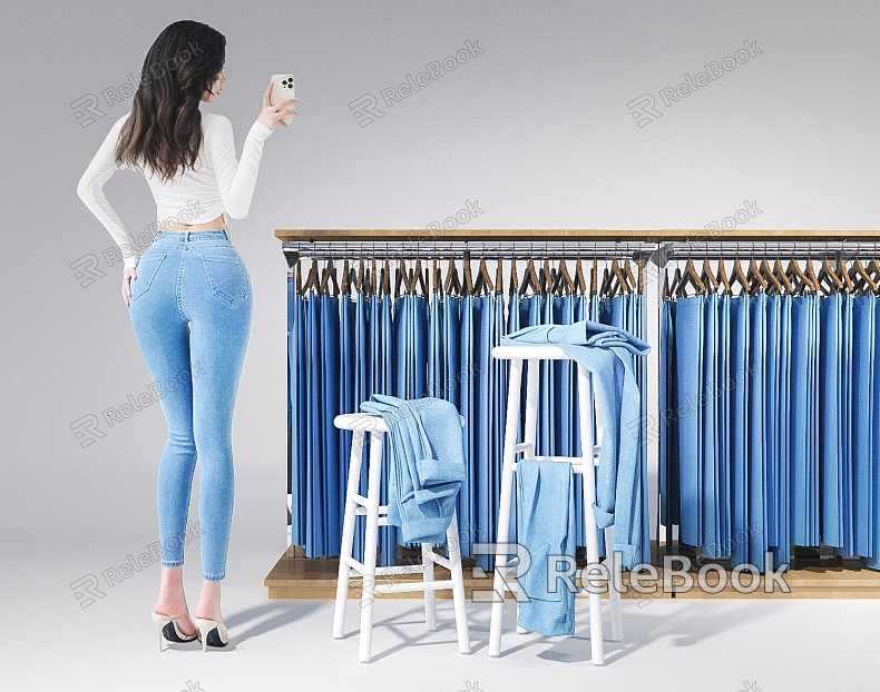 Jeans Pants Rack Clothing Store Women Selfie High Stool Posing Characters Clothing model