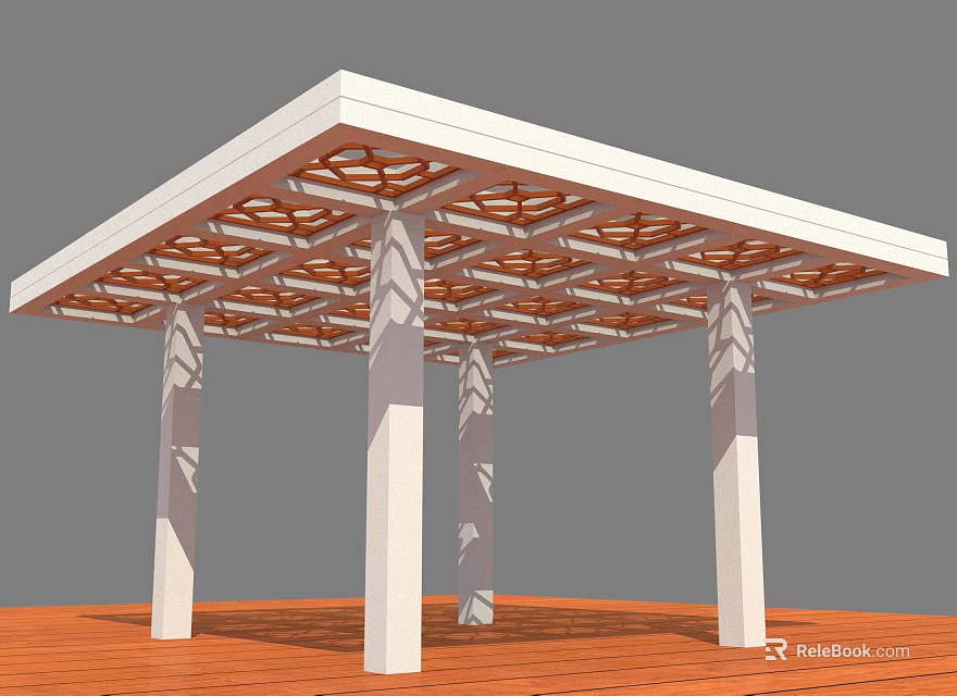 White Pergola With Lattice Roof Design White Columns And Wooden Deck 3d model 