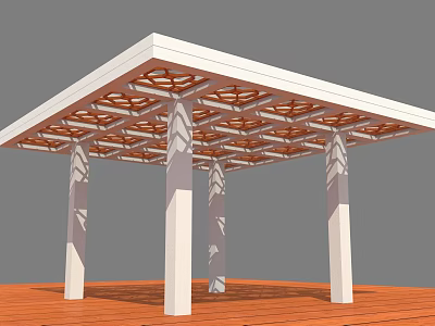 White Pergola With Lattice Roof Design White Columns And Wooden Deck 3d model