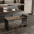 Modern Restaurant Interior With Dining Table Wire Chairs And Bar Counter 3d model