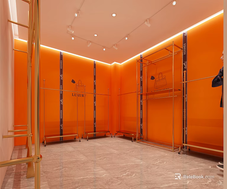 Modern Clothing Store Interior With Orange Walls Golden Racks Ceiling Lights And Marble Flooring 3d model 