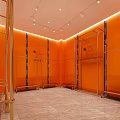 Modern Clothing Store Interior With Orange Walls Golden Racks Ceiling Lights And Marble Flooring
