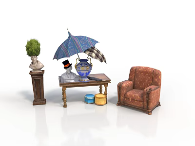 Vintage Indoor Architectural Space With Wooden Table Armchair Decorative Vase Potted Plant And Umbrella 3d model