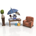 Vintage Indoor Architectural Space With Wooden Table Armchair Decorative Vase Potted Plant And Umbrella