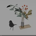 Transparent Vase with Red Berries Green and Dried Leaves on Wooden Tray with Black Bird Figurine