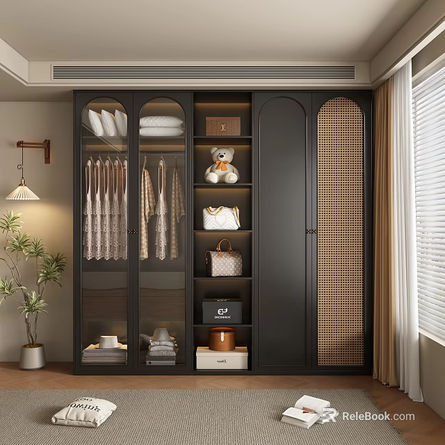 Modern Dark Wardrobe Interior Design With Glass Doors Hanging Clothes Handbags And Teddy Bear 3d model 