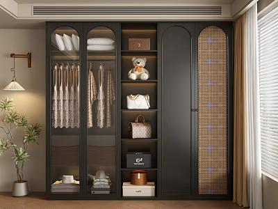 Modern Dark Wardrobe Interior Design With Glass Doors Hanging Clothes Handbags And Teddy Bear 3d model