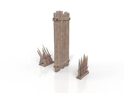 Wooden Fence Structure With Tall Main Panel And Small Spiked Barrier Sections 3d model