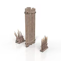 Wooden Fence Structure With Tall Main Panel And Small Spiked Barrier Sections 3d model