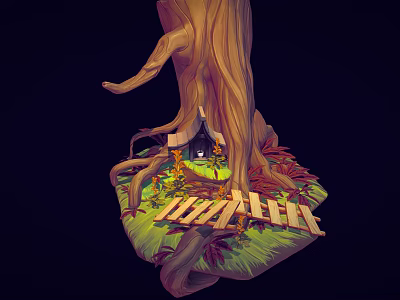 Cartoon Scene Big Tree With Tree House Under Roots Grass Fallen Leaves And Wooden Fence 3d model