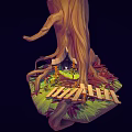 Cartoon Scene Big Tree With Tree House Under Roots Grass Fallen Leaves And Wooden Fence