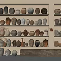 Vintage Rustic Ceramic Vessels Displayed On Wooden Shelves With Various Sizes And Shapes