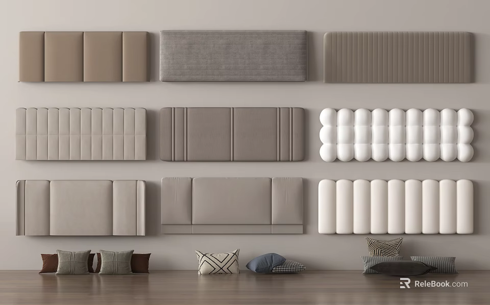 Stylish Soft Upholstered Panels Featuring Various Textured Designs Neutral Colors And Decorative Pillows 3d model 
