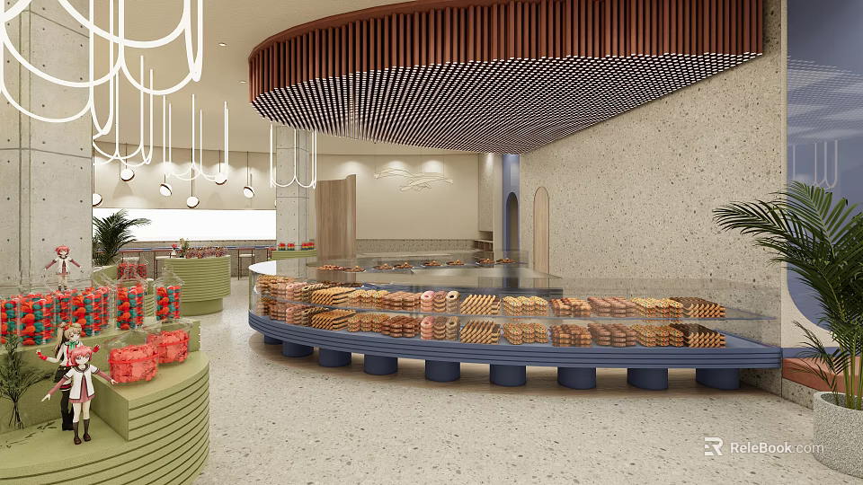 Elegant Dessert Shop Interior With Curved Glass Display Cases And Fresh Pastries 3d model 