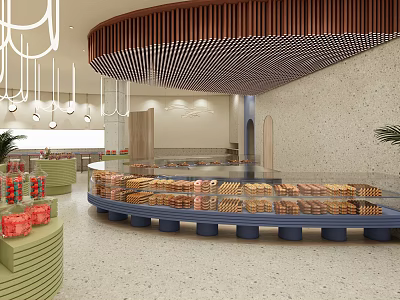 Elegant Dessert Shop Interior With Curved Glass Display Cases And Fresh Pastries 3d model