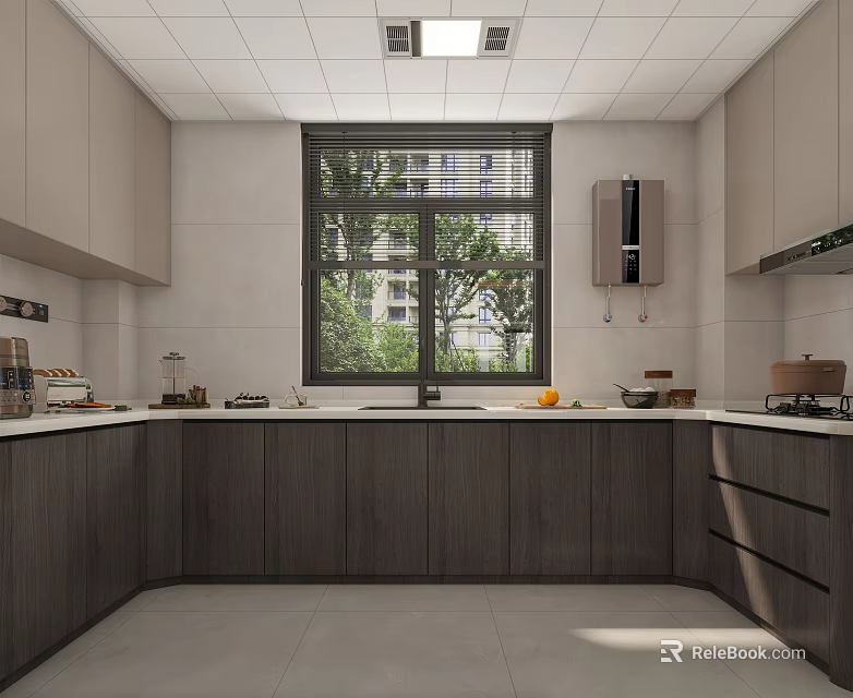 Modern Kitchen Interior With Wooden Cabinets White Walls Large Window Greenery View And Countertop Items 3d model 