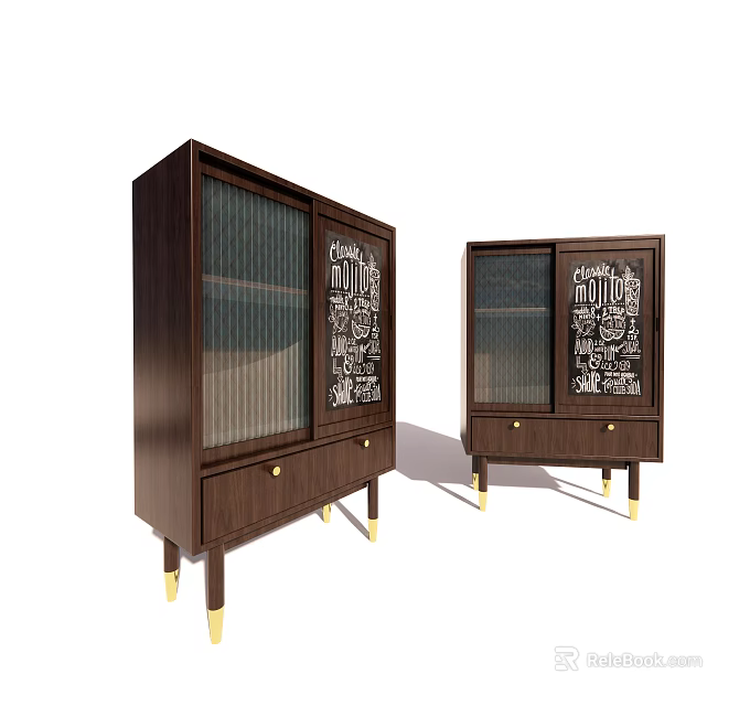 Elegant Two Piece Dark Wood Sideboard with Glass Doors Carved Patterns and Golden Legs 3d model 