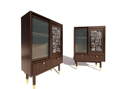 Elegant Two Piece Dark Wood Sideboard with Glass Doors Carved Patterns and Golden Legs 3d model