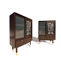 Elegant Two Piece Dark Wood Sideboard with Glass Doors Carved Patterns and Golden Legs