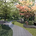 Park Landscape Featuring Winding Stone Pathways Lush Trees And Green Lawns