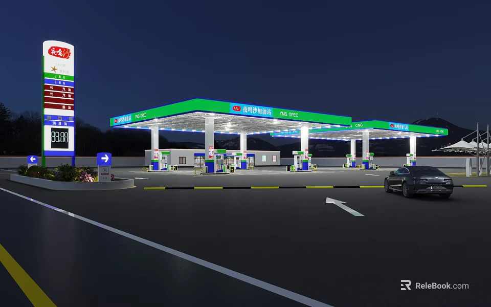 Petronas Gas Station At Night With Green Canopy Fuel Pumps And Parked Car 3d model 