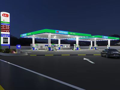 Petronas Gas Station At Night With Green Canopy Fuel Pumps And Parked Car 3d model