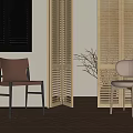 Brown And White Leisure Chairs In Modern Interior With Wooden Shutters And Decorative Branch
