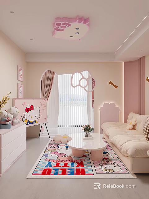 Pink Hello Kitty Living Room With Beige Sofa Coffee Table Stuffed Toys And Decorative Paintings 3d model 