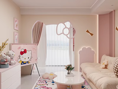 Pink Hello Kitty Living Room With Beige Sofa Coffee Table Stuffed Toys And Decorative Paintings 3d model