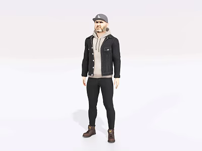 Handsome Man Wearing Black Denim Jacket Gray Hoodie Cap Black Pants Brown Boots Standing 3d model