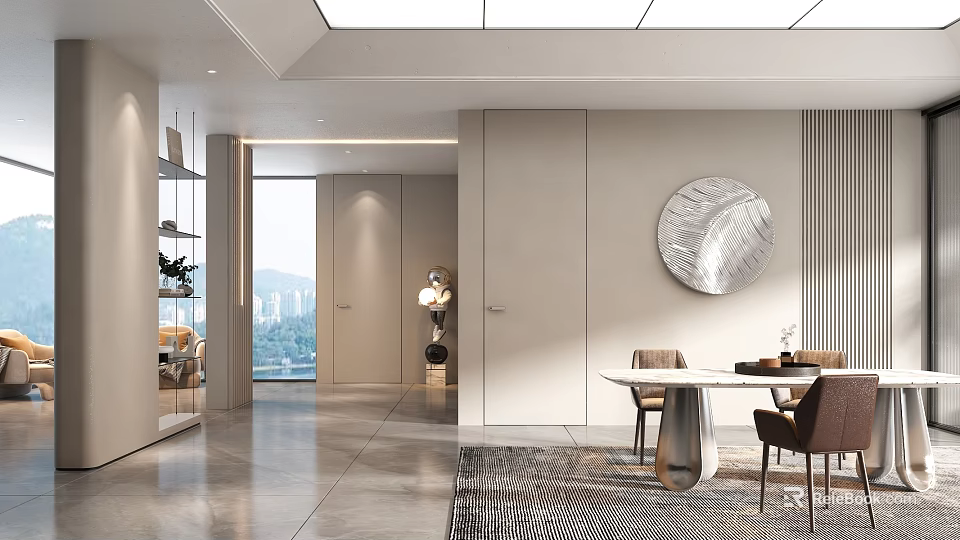 Modern Elegant Restaurant Interior Design With Round Mirror Dining Table Chairs And Area Rug 3d model 