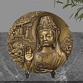 Brass Circular Guanyin Decorative Ornament Set with Carved Relief on Marble Surface and Green Plant