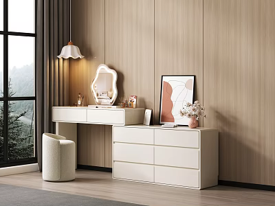 Modern White Dressing Table With Mirror Stool Decorative Painting And Flower Vase By Wooden Wall 3d model