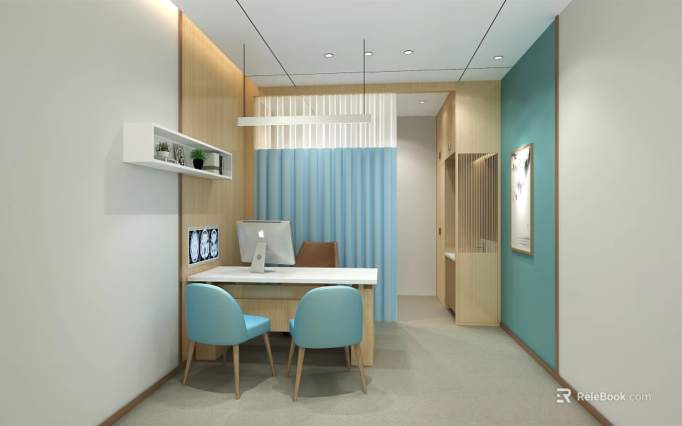 Modern Office Interior Design With Wooden Furniture Blue Chairs And Bookshelf 3d model 