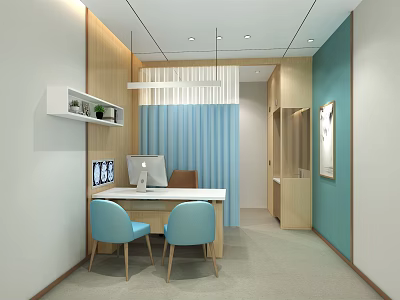 Modern Office Interior Design With Wooden Furniture Blue Chairs And Bookshelf 3d model