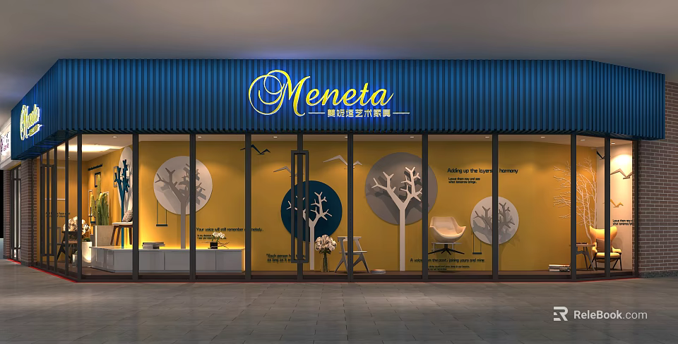Meneta Fashion Store Window Featuring Yellow Walls Tree Shaped Decorations Blue Awning And Chairs 3d model 