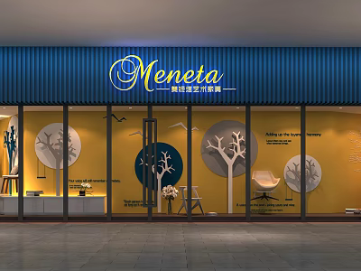 Meneta Fashion Store Window Featuring Yellow Walls Tree Shaped Decorations Blue Awning And Chairs 3d model