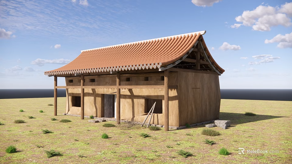 Traditional Chinese Architecture With Red Tile Roof And Wooden Eaves In Grassland 3d model 