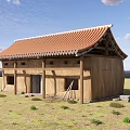 Traditional Chinese Architecture With Red Tile Roof And Wooden Eaves In Grassland