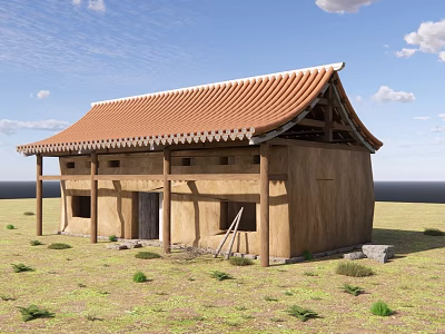 Traditional Chinese Architecture With Red Tile Roof And Wooden Eaves In Grassland 3d model