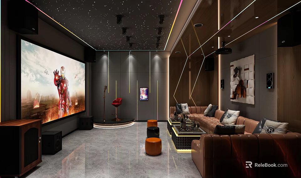 Modern Home Theater Interior Design With Large Screen Starry Ceiling And Comfortable Sofas 3d model 