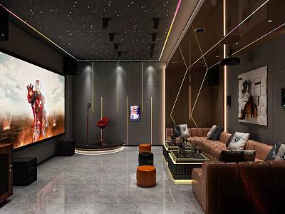 Modern Home Theater Interior Design With Large Screen Starry Ceiling And Comfortable Sofas 3d model