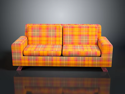 Plaid Patterned Two Seater Sofa In Orange And Yellow With Armrests And Wooden Legs 3d model
